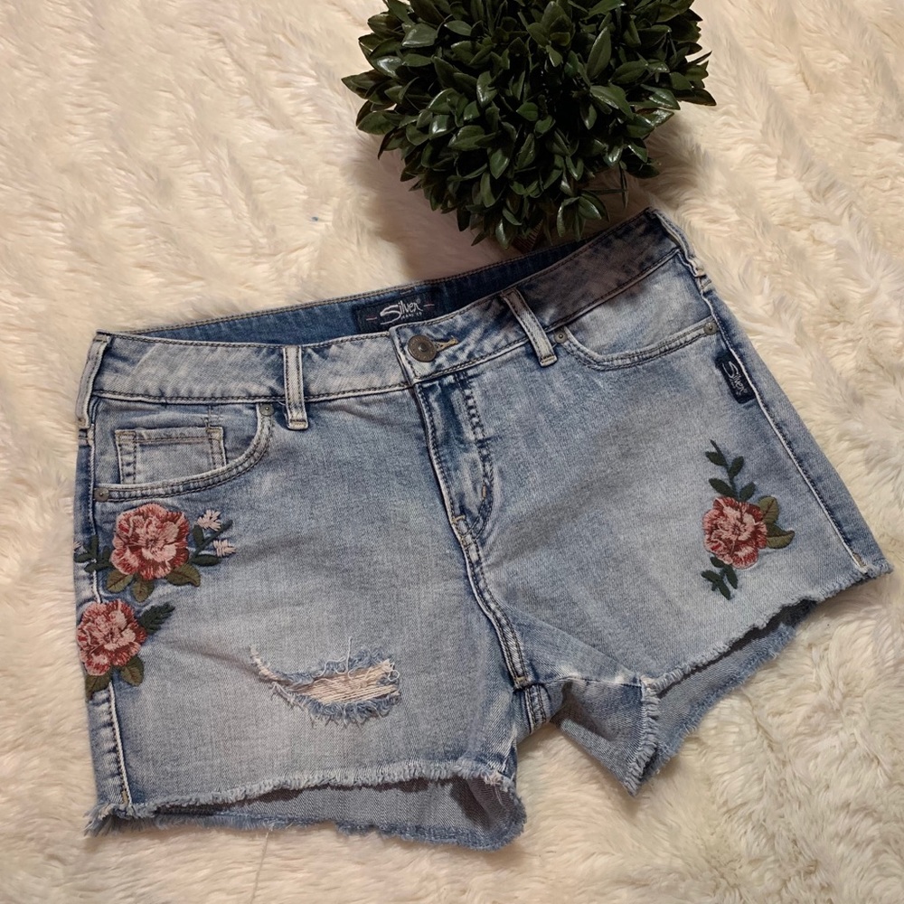 Silver embroidered jean shorts